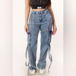 Stylish Blue Women's Jeans with Chain Detail